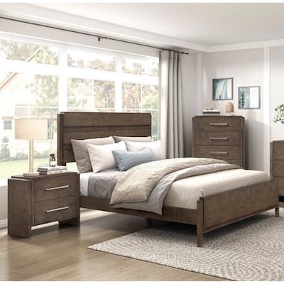 3pc Bedroom Set Dark Walnut Finish Solid Rubberwood Bed Nightstand Chest