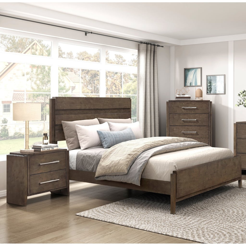 3pc Bedroom Set Dark Walnut Finish Solid Rubberwood Bed Nightstand Chest
