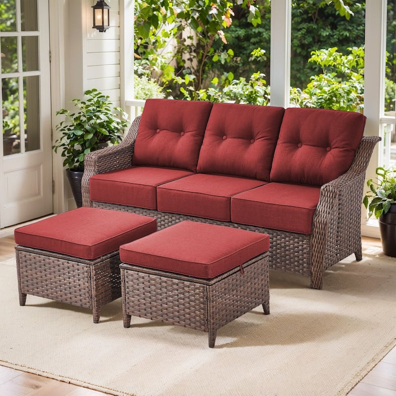 Artisan 3-Seat Wicker Patio Sofa with 6-Inch Thick Cushions and 2 Ottomans