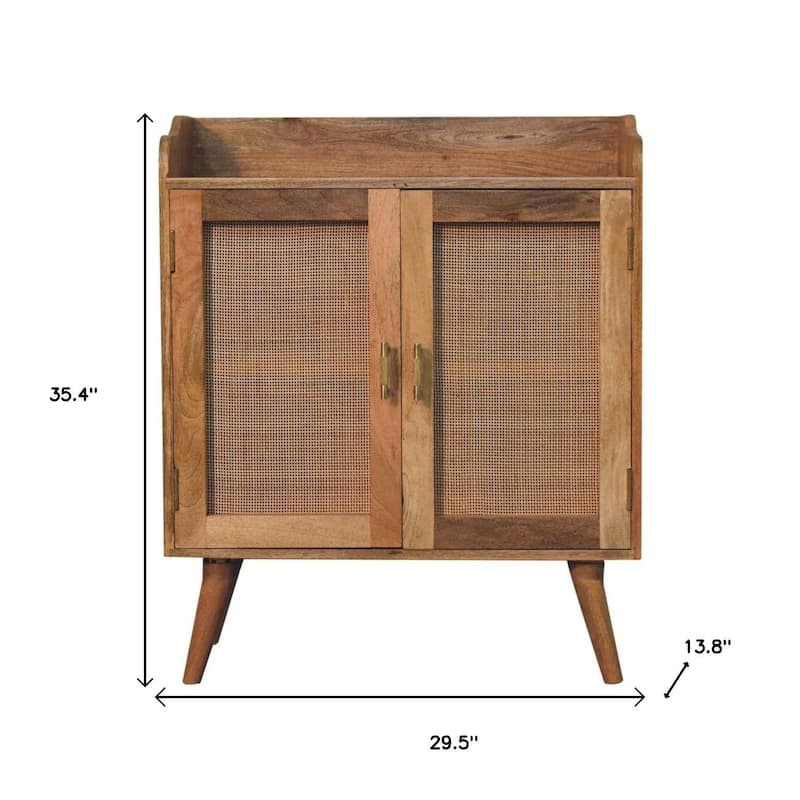 HomeRoots 35" Brown Distressed Solid Wood Inlaid Rattan Accent Cabinet With Two Doors