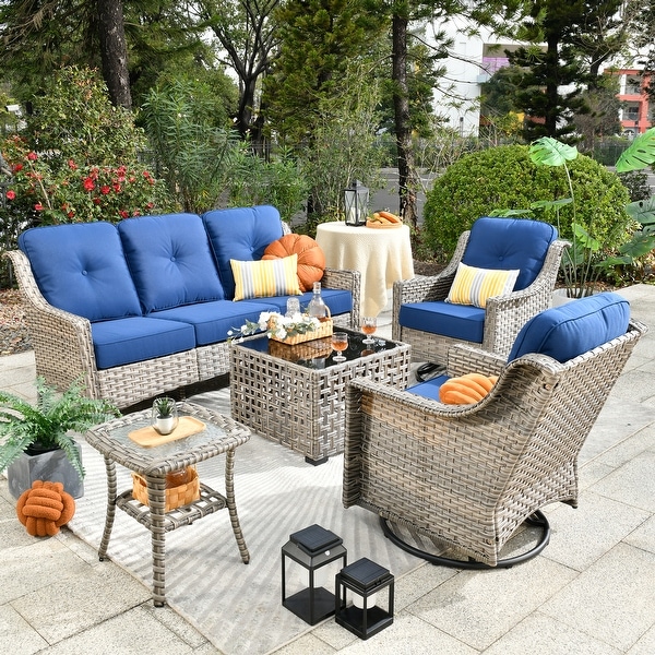 OVIOS 5-Piece Outdoor Wicker Swivel Chair Set With Solar-Powered