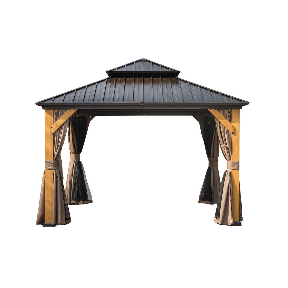Outdoor Hardtop Gazebo Cedar Wood Frame Galvanized Steel Double Roof with Curtains and Netting