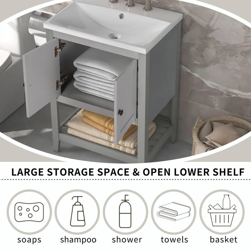 24" Bathroom Vanity with Ceramic Sink and Open Shelf