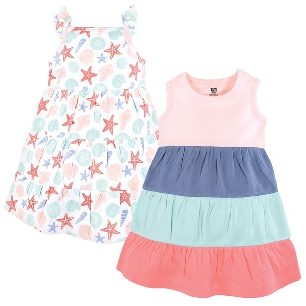 slide 1 of 1, Hudson Baby Girl Cotton Dresses, Multicolor Sea Shells 0-3 Months - Multicolor Sea Shells