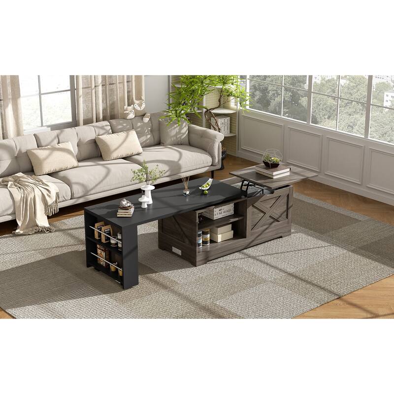 Farmhouse Lift Top Coffee Table With Barn Doors, Wood Rectangle Center Table, With Large Hidden Storage Space
