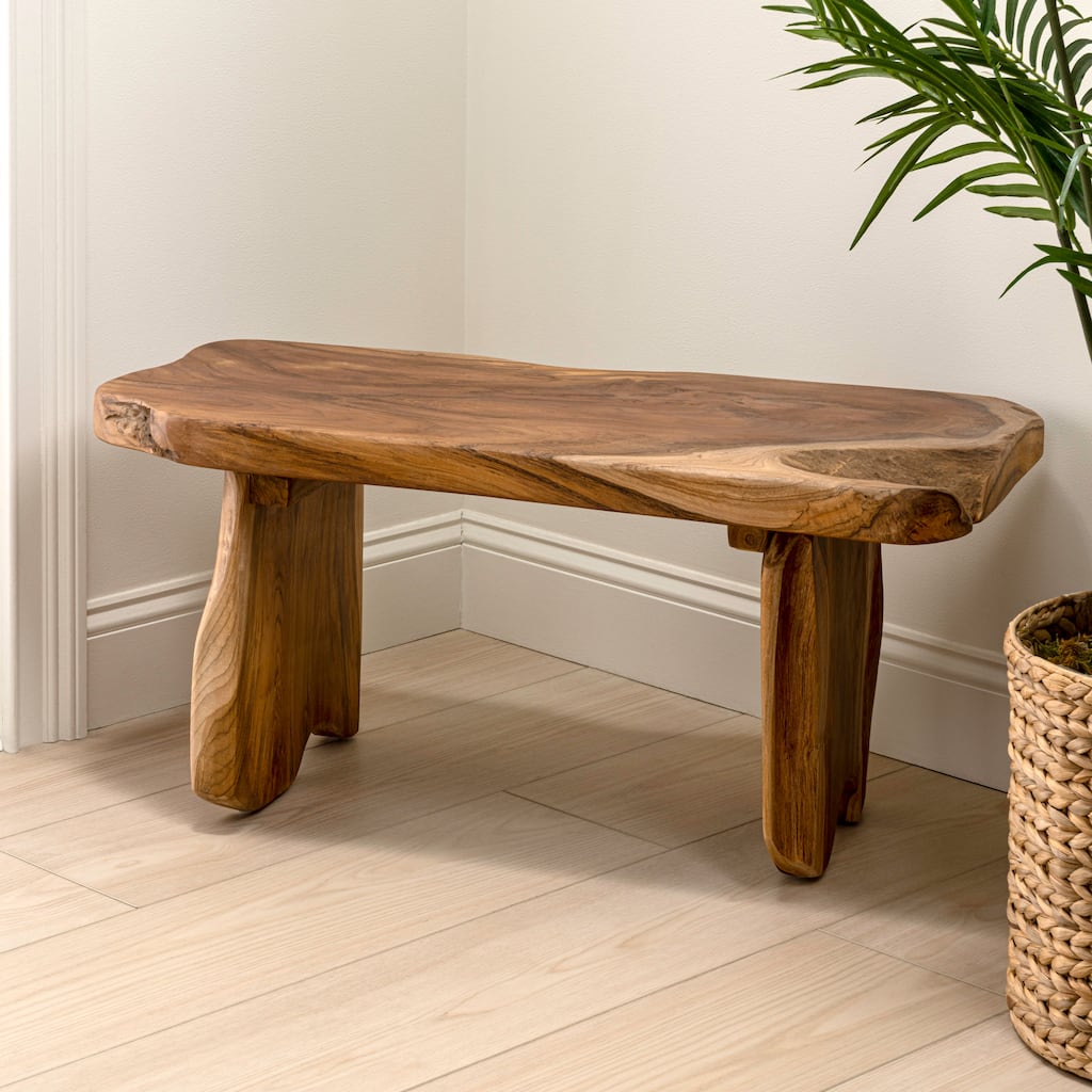 JONATHAN Y Stumpy Handcrafted Rustic Minimalist Live Edge Solid Teak Wood Entryway Bench