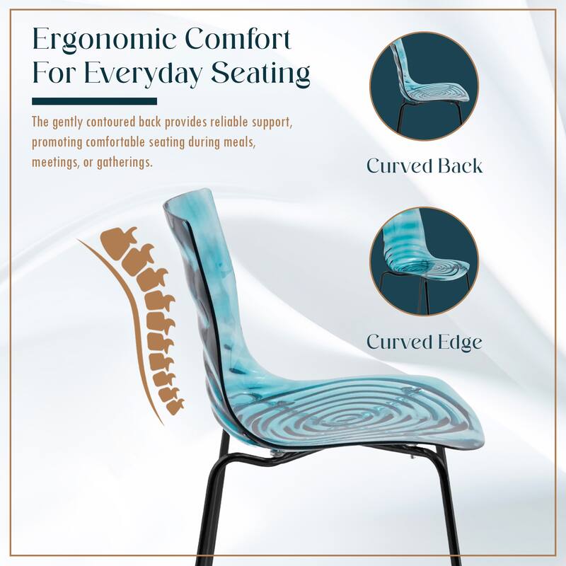 Astor Modern Minimalist Transparent Dining Chair with Black Metal Legs and Ripple Design Accent Side Chair for Indoor & Outdoor