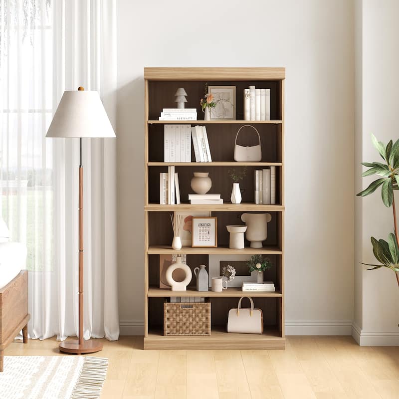 62" Solid Wood 6-Shelf Bookcase Storage with Adjustable Shelves