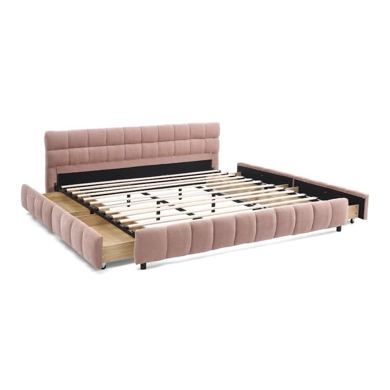 King Size Chenille Fabric Upholstered Bed with Headboard and Drawer for Storage