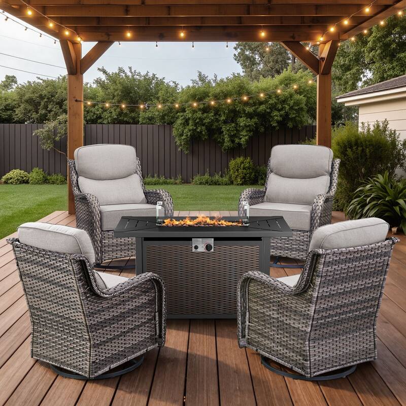 Arcadia 5-Piece Wicker Patio Set with 4 Swivel Glider Chairs and All-Iron Fire Pit
