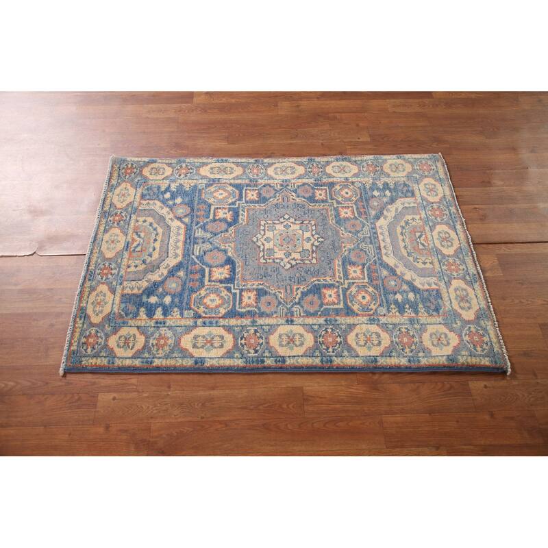 Blue Geometric Kazak Accent Rug Hand-Knotted Wool Carpet - 2'9" x 4'0"