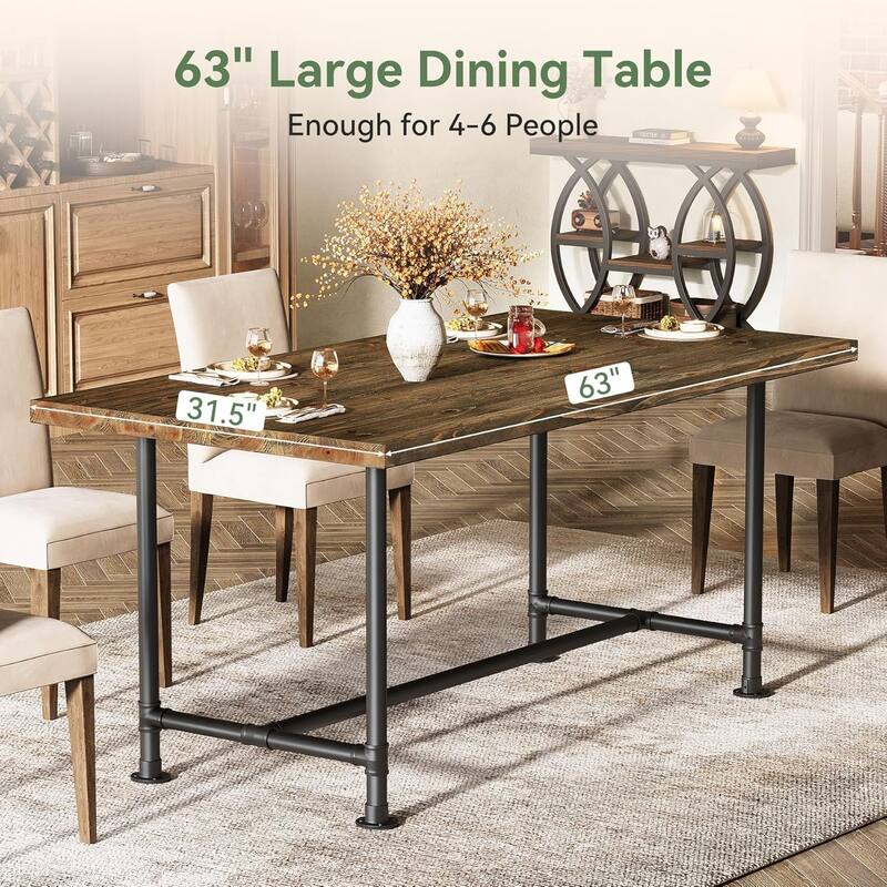 63" Solid Wood Rectangular Dining Table, Industrial Kitchen Table with Metal Footrest and Heavy-Duty Metal Frame for 4-6 Persons