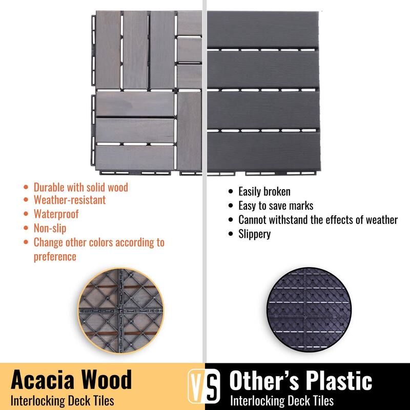 20 PCS Interlocking Deck Tiles Checker Pattern, 12" x 12"Square Acacia Hardwood Outdoor Flooring for Patio,Bancony,Pool Side