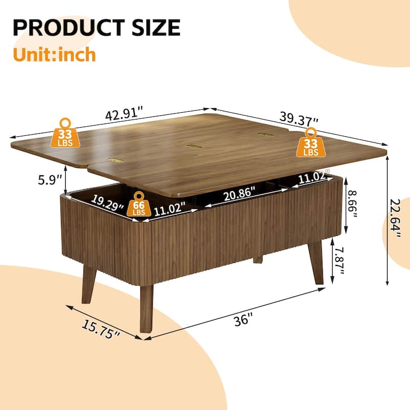 3-in-1 Lift Top Coffee Table Converts to Dining Table, Fluted Oval Wooden Storage Center Table