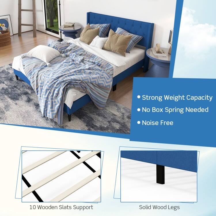 Upholstered Platform Bed with Button Tufted Wingback Headboard