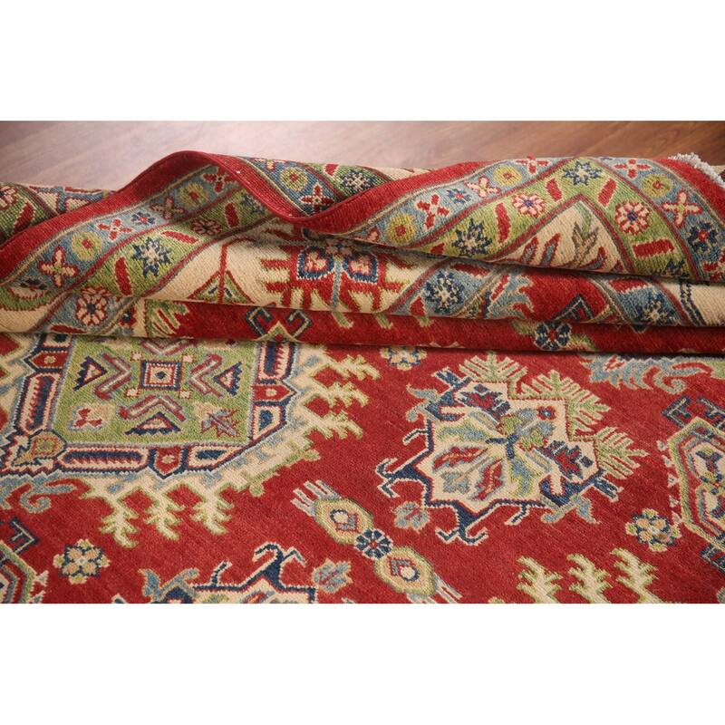Red Geometric Kazak Area Rug Handmade Wool Carpet - 7'11" x 9'11"