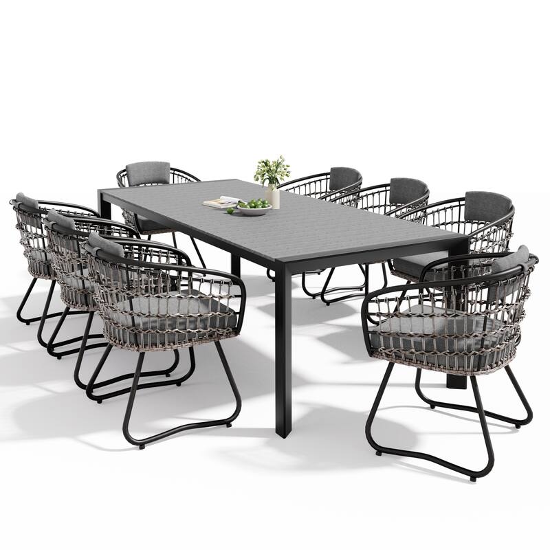 Set of 9 Outdoor Patio Dining Set WoodLike Table Top Aluminum Rectangular Umbrella Hole Table with PE Rattan Chairs