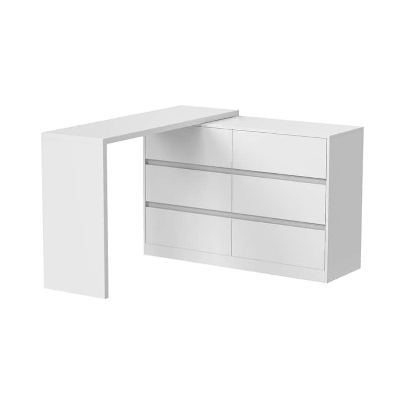 L-Shaped Desk with 6 Drawer Dresser, Extendable Adjustable Vanity Writing Table, Handleless Storage Cabinet