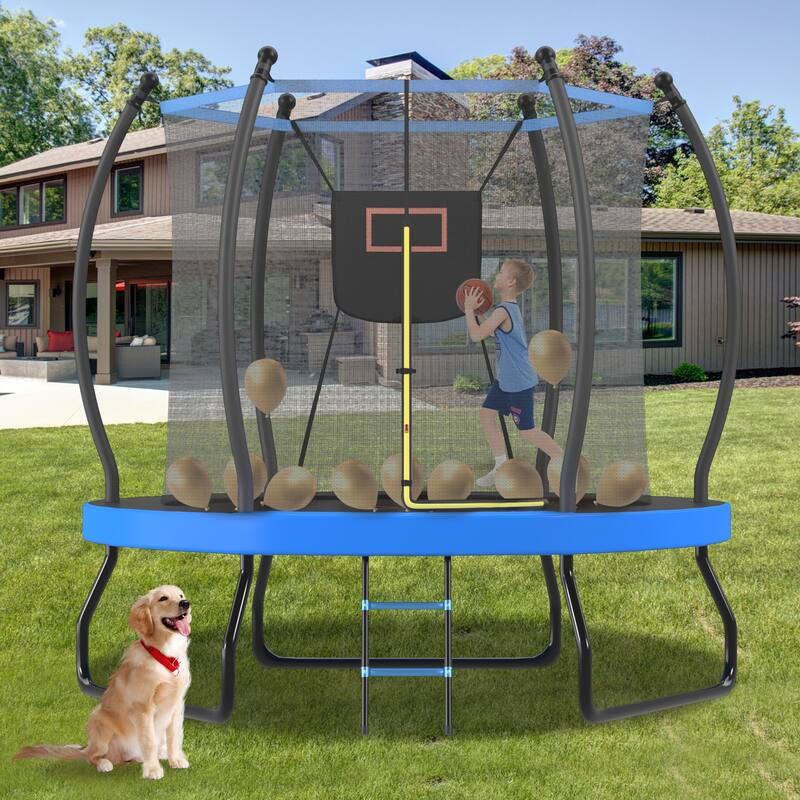 8FT Trampoline with Basketball Hoop, Enclosure net and Ladder, Outdoor Trampoline for Kids, Recreational Backyard Trampoline - Blue