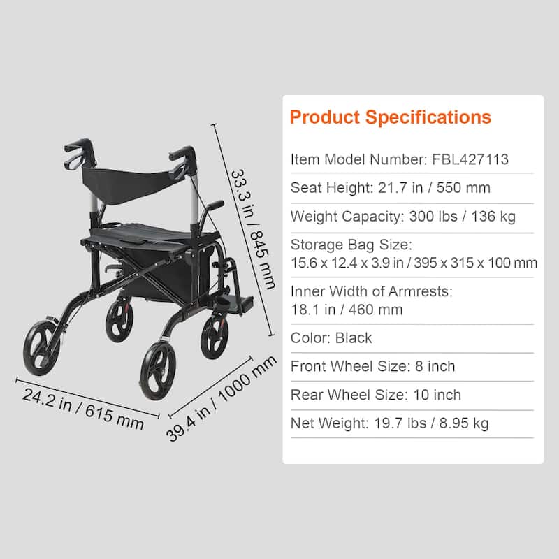 2 in 1 Rollator Walker & Transport Chair for Seniors