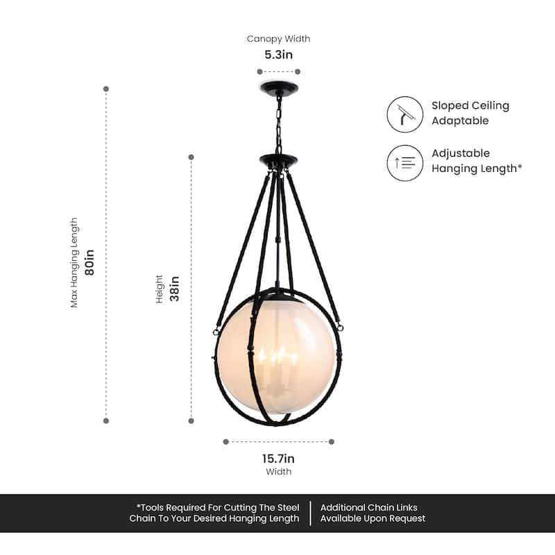 VidaLite Voyager 4-Light Matte Black Pendant, Hanging Pendant Light With Rope Detailing and Smoked Glass Shade - 38" x 18"
