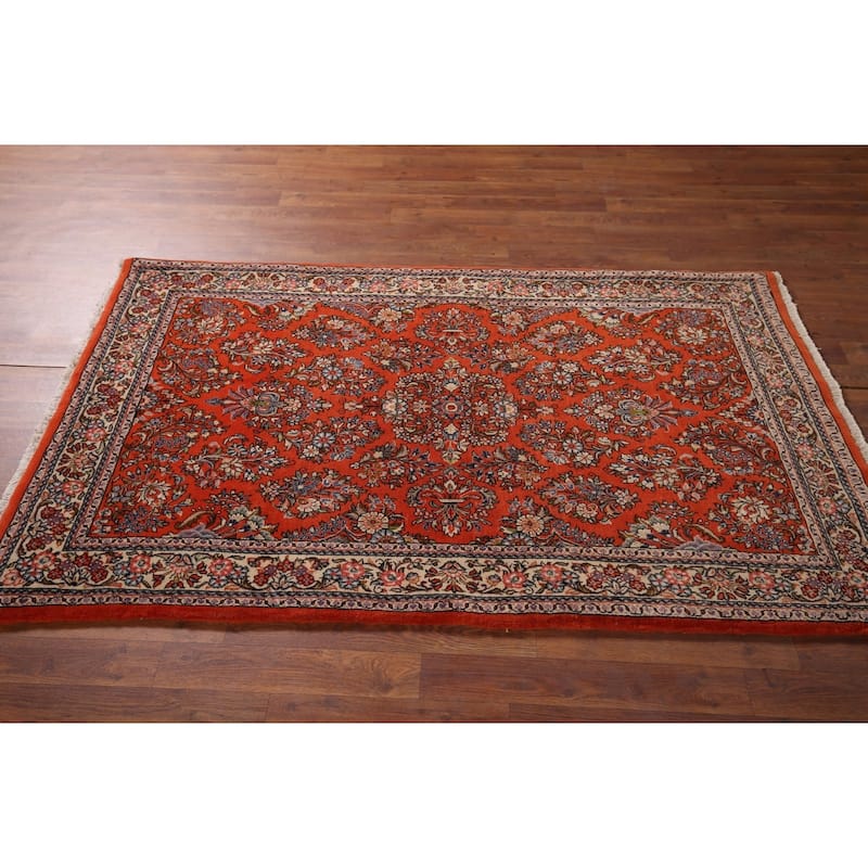 Orange Floral Sarouk Persian Area Rug Handmade Wool Carpet - 3'8"x 5'9"