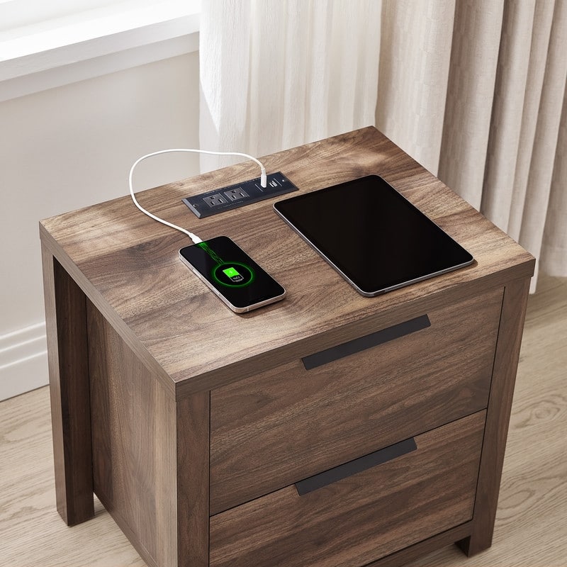 Spruce & Spring Scout Farmhouse Solid Wood Nightstand with 2 Drawers and Type-C, USB & 2 Power Outlets