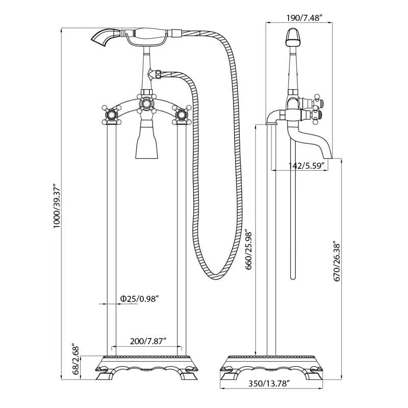 39.37"H Solid Brass 3 Handle Floor Mounted Clawfoot Tub Faucet with Diverter