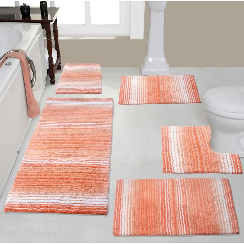 Gradiation Rug Collection 100% Cotton Non-Slip Bathroom Rug Set, Machine Washable Bath Rug, 5 Piece Bath Mat Set with Contour - Coral