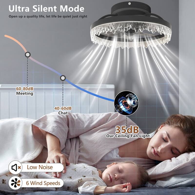 LunaDrift 16"20"24" Modern Black Crystal Smart Flush Mount Ceiling Fan with Light, Dimmable Bedroom Ceiling Fan w/Remote