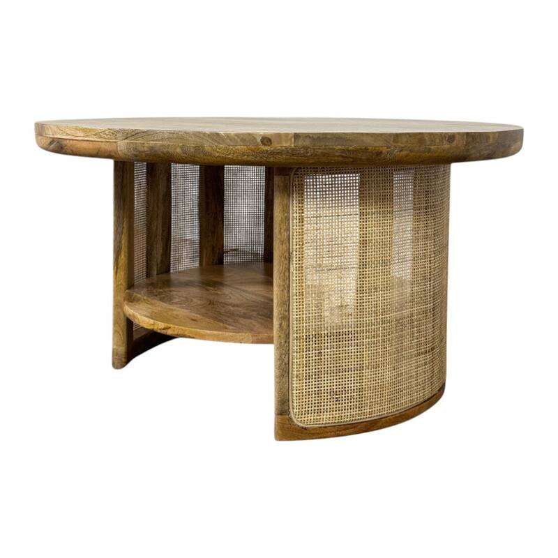 Marlowe Drum-Style Coffee Table - Solid Blonde Acacia Wood Top with Handwoven Cane Drum Base Table - 30" Shelf