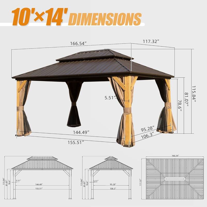 10' x 14' Outdoor Hardtop Gazebo with with Galvanized Steel Double Roof