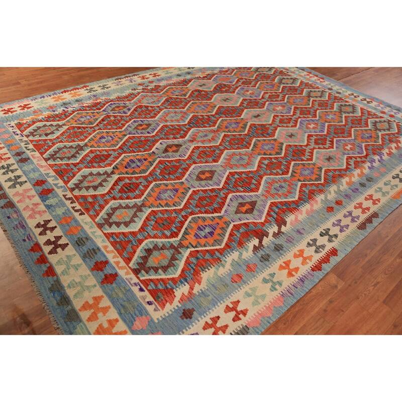 Geometric Kilim Area Rug Flatweave Oriental Wool Carpet - 8'4"x 11'2"
