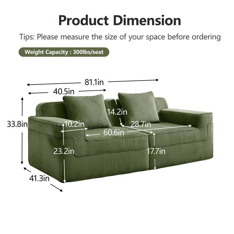 Modular 2-Seat Boneless Sofa, Modern Sectional Couch with Deep Seats, Wide Armrests, Corduroy Loveseat with Throw Pillows