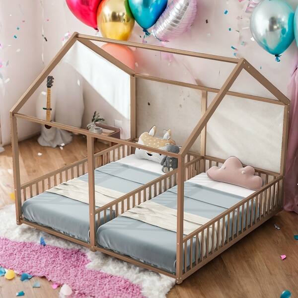 slide 2 of 9, Kids and Baby Twin Size Metal House Platform Beds,Two Shared Beds For Home Gold