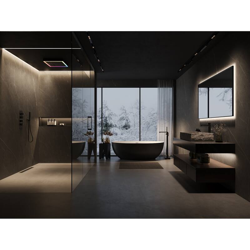 GRANDJOY Thermostatic LED Rain and Waterfall Shower System with Handheld, Built-In Music Function