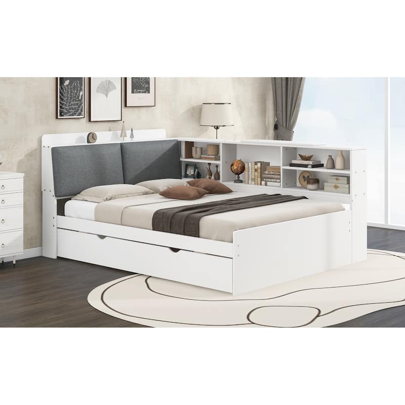 Full Size Platform Bed with Trundle, Storage Headboard, and Shelves in White