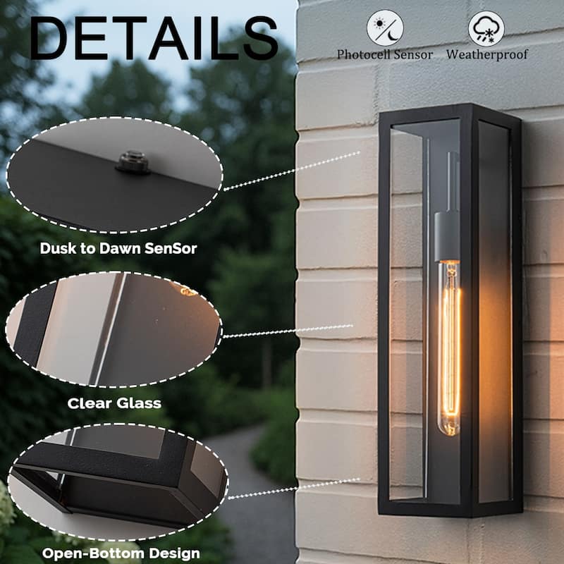 H18" Modern Black Outdoor Wall Lantern with Clear Glass Dusk to Dawn Outdoor Wall Light Open Bottom Wall Sconce for Entryway