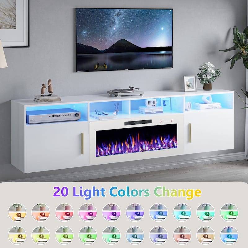BOSSIN 80" Floating TV Stand with 36" Electric Fireplace, High Gloss Finish Wall Mounted Fireplace TV Stand with Storage