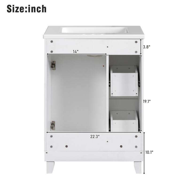 24" Bathroom Vanity Cabinet with Ceramic Sink, 2 Drawers & Door, White