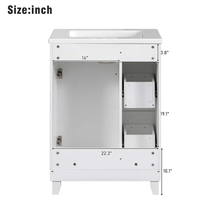 24'' Bathroom Vanity with Ceramic Sink Top, Freestanding Bathroom Vanity Cabinet with 2 Drawers and 1 Soft Close Door