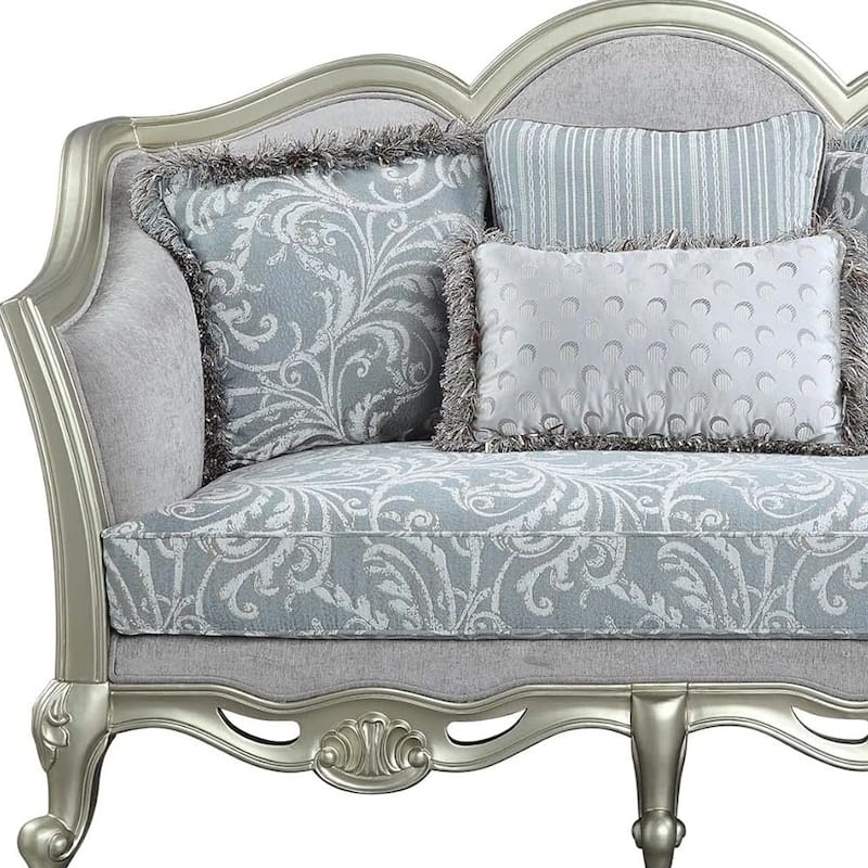 HomeRoots 66" Light Gray And Champagne Linen Damask Loveseat and Toss Pillows - 66.00 in. x 42.00 in. x 36.00 in.