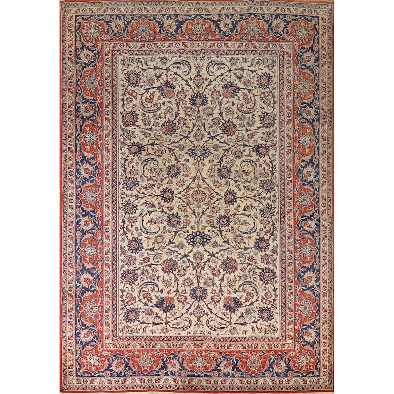 Hand Knotted Oriental 100% Wool Carpet Traditional Floral Beige & Ivories Isfahan Area Rug - 12' 0'' X 8' 7''