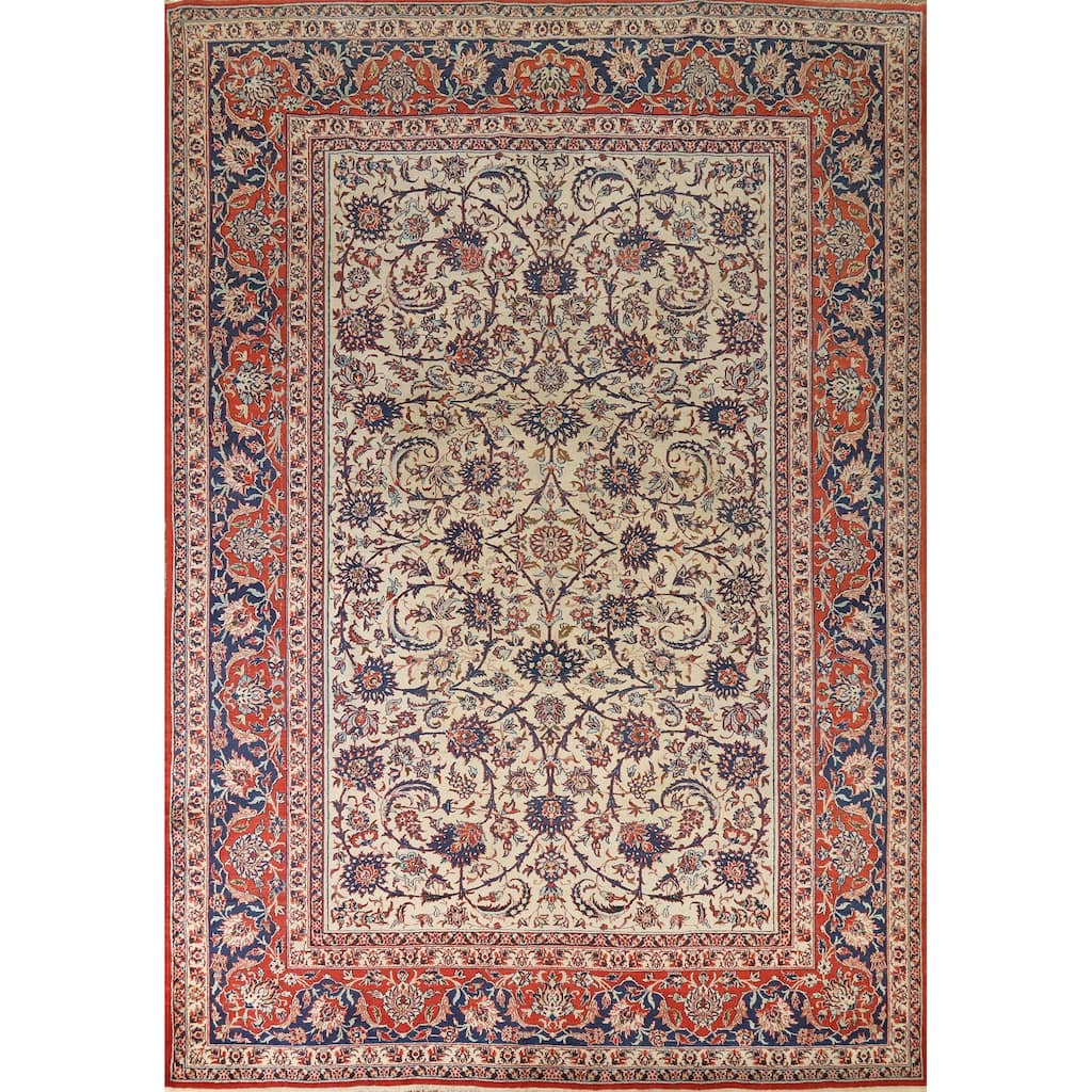 Hand Knotted Oriental 100% Wool Carpet Traditional Floral Beige & Ivories Isfahan Area Rug - 12' 0'' X 8' 7''
