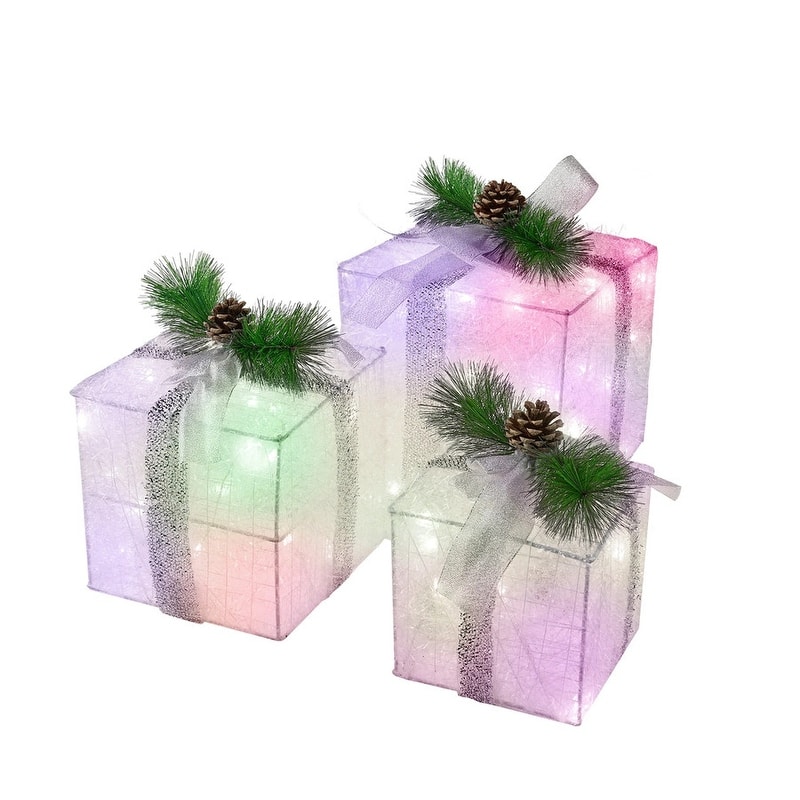 Christmas Lighted Gift Boxes - Set of 3 Iridescent Present Boxes for Indoor Holiday Décor - 60 LED Multicolor Lights
