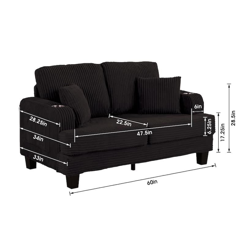 61" Contemporary Corduroy Loveseat Sofa with 2 Pillows and Cup Holder