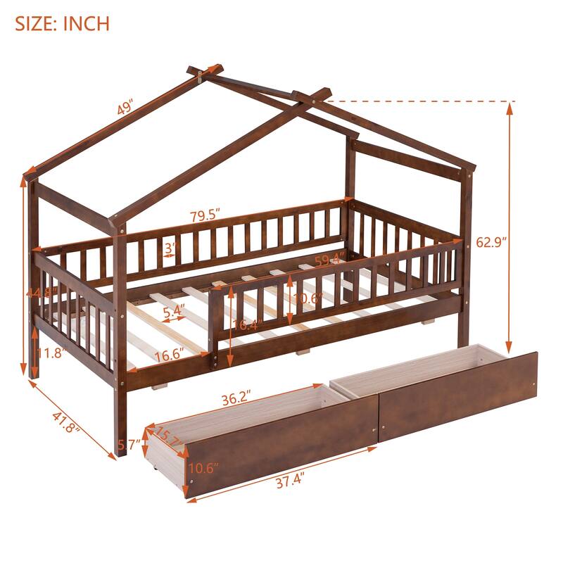 Wood Playhouse Bed Frame with 2 Drawers & Roof for Kids, Boys or Girls