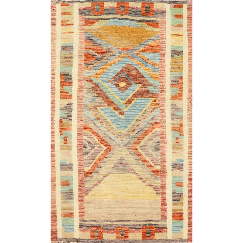 Hand Woven Oriental 100% Wool Carpet Southwestern Tribal Multi-Colored Kilim Area Rug - 4' 11'' X 3' 3''
