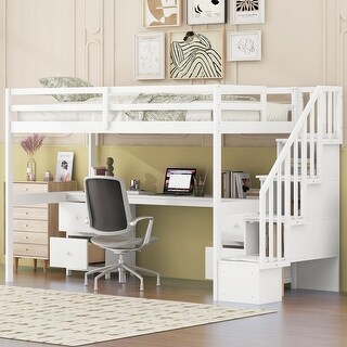 Twin Size Wood Loft Bed with Desk, Storage Staircase and 4 Drawers, Bed with Full-length Guardrails and Wood Slats