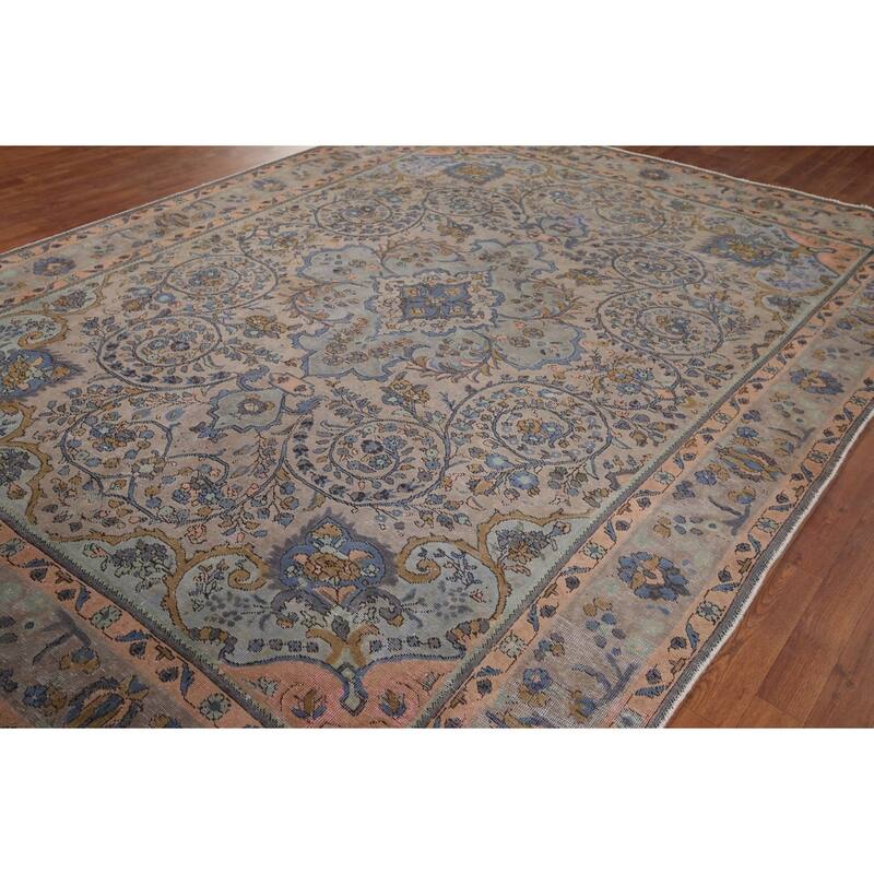 Distressed Tabriz Persian Antique Area Rug Handmade Wool Carpet - 8'0" x 10'9"